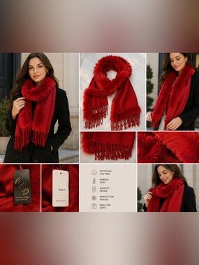 NEW Red Faux Fur Trim Fringe Scarf Winter Wrap C&D Fashion Design